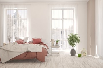 Stylish bedroom in white color. Scandinavian interior design. 3D illustration