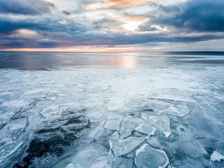 Ice covered white sea. Aerial