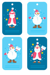 Vector holiday Christmas and new year tags with cartoon characters Santa and Snow man