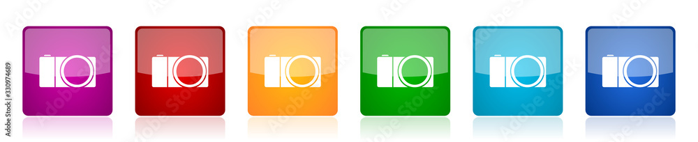 Poster Mirrorless camera icon set, photography colorful square glossy vector illustrations in 6 options for web design and mobile applications