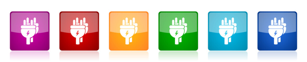 Eletricity icon set, energy, power, plug colorful square glossy vector illustrations in 6 options for web design and mobile applications