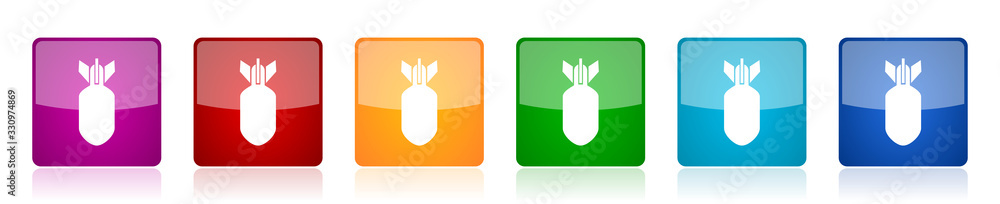 Aufkleber bomb icon set, war, military, weapon colorful square glossy vector illustrations in 6 options for we