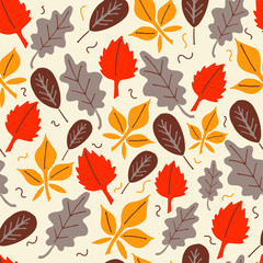 Obraz na płótnie Canvas Bright autumn pattern of various leaves. Creates an atmosphere of comfort and warmth. Doodle style. Suitable for printing on stationery, textiles and decor.