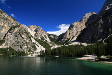Lake Braies, mountain lake in Prags Dolomites in South Tyrol, Italy