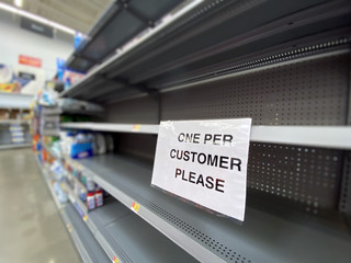 ECONOMY, PA - Circa March, 2020 - A view of empty shelves at a grocery store during the Coronavirus...