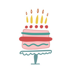 Birthday cake. Cake with candles. Happy birthday. Vector drawing of a cake. Birthday design. Birthday card. Birthday cake flat icon
