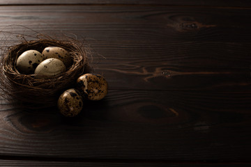 quail eggs in brown nest and on dark wooden surface