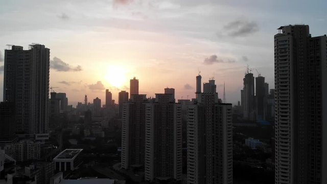 Aerial Drone view, Mumbai City, Sunset Time, 4k