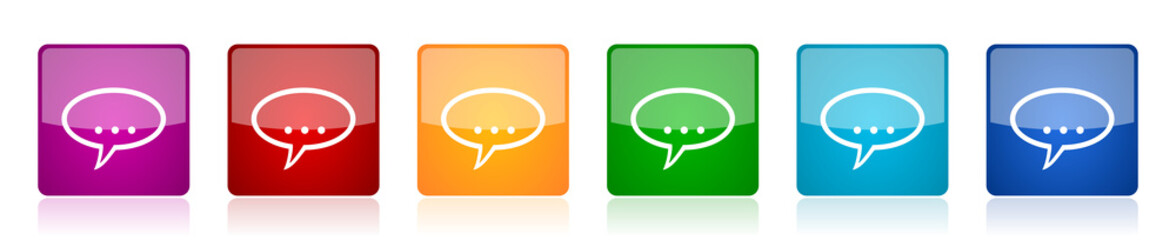 Forum icon set, colorful square glossy vector illustrations in 6 options for web design and mobile applications