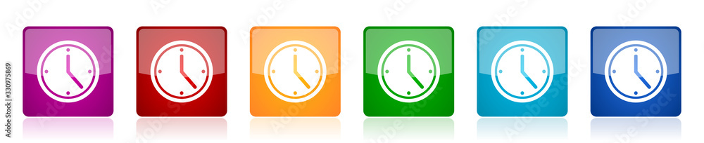 Fototapete Time icon set, colorful square glossy vector illustrations in 6 options for web design and mobile applications