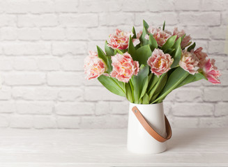Bouquet of beautiful pink fringed tulips bucket