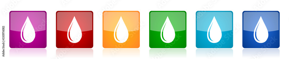 Aufkleber water drop icon set, colorful square glossy vector illustrations in 6 options for web design and mob