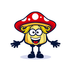 cartoon high mushroom with two hair looks very kind and happy low hand