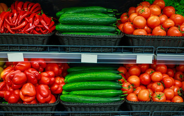 Chili vegetables, cucumbers, tomatoes, peppers, salad in the store