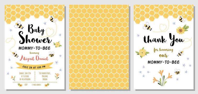 Bee Baby Shower invitation templates set Mommy to bee, sweet, honey, thank you card, yellow pattern banner. Vector