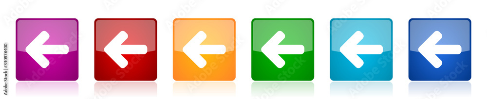 Poster left arrow icon set, colorful square glossy vector illustrations in 6 options for web design and mob