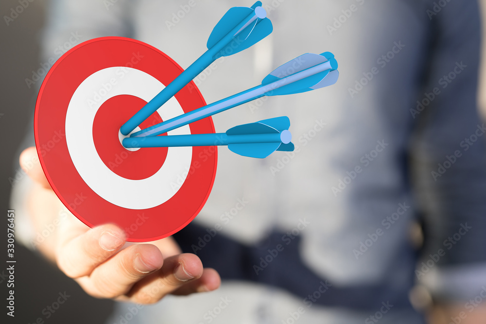 Poster arrow hitting in the target center of dartboard on bullseye.