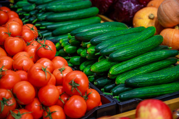 vegetables, cucumbers, tomatoes in the store