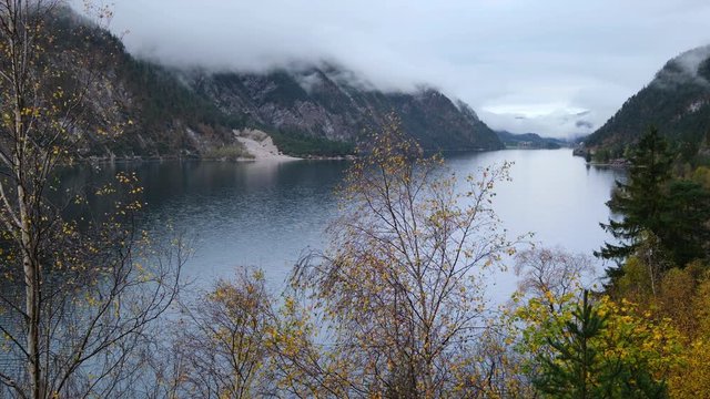 Mountain alpine autumn lake Achensee, Alps, Tirol, Austria. Picturesque traveling, seasonal and nature beauty concept scene.