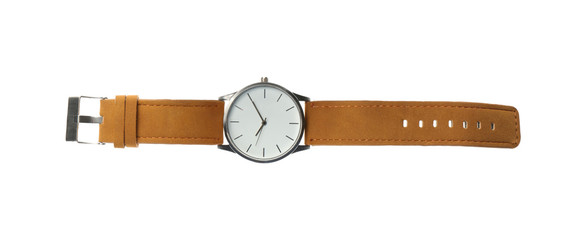 Elegant wristwatch isolated on white, top view - obrazy, fototapety, plakaty
