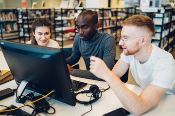 Multiracial students using library computer for study