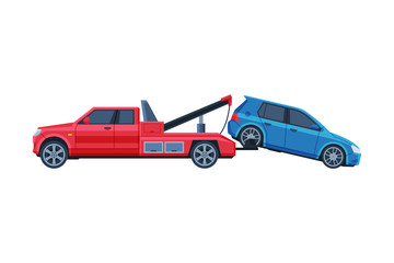 Tow Truck Evacuating Blue Car, Road Accident Flat Vector Illustration