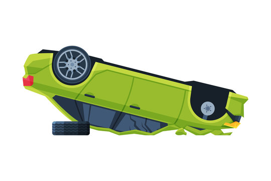 Green Car Lying on its Roof after Crash, Auto Accident Flat Vector Illustration