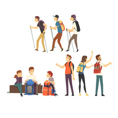 Obraz premium Ludzie z plecakami turystycznymi zaangażowani w zestaw ilustracji wektorowych turystyki aktywnej. Piesza podróż podczas wakacji