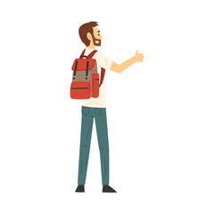 Young Man with Hiking Backpack Standing on the Road Hitchhiking Vector Illustration