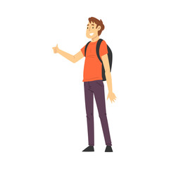 Young Man with Hiking Backpack Standing on the Road Hitchhiking Vector Illustration
