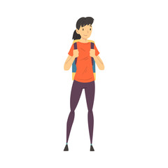 Young Woman Wearing Sportive Clothes Standing with Hiking Backpack on the Road Vector Illustration