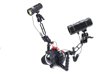 Underwater camera or video with light set (video Light set or strobe light set) and white background