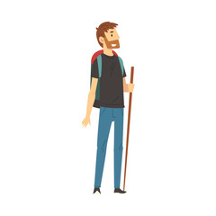 Fototapeta premium Young Man Wearing Sportive Clothes Standing with Hiking Backpack on the Road Vector Illustration