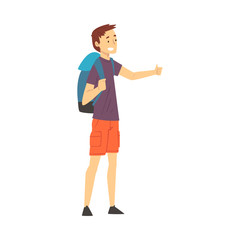 Young Man with Hiking Backpack Standing on the Road Hitchhiking Vector Illustration