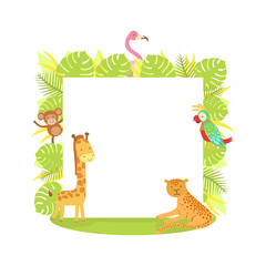 Jungle Animals with Blank Banner, Flamingo, Monkey, Parrot, Tiger, Giraffe, Standing Next to the Blank Signboard Vector illustration