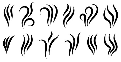Aromas vaporize icons. Smells linear icon set, hot aroma, stink or cooking steam symbols, smelling or vapor, smoking or odors signs isolated on white. Vector illustration. 