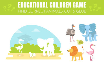 Find Correct Animals, Cut and Glue, Educational Children Game with Cute African Animals Vector illustration