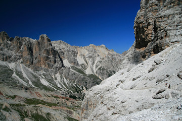 Fototapeta premium In the wall of Tofana di Rozes is a mountain of the Dolomites in the Province of Belluno, Veneto, Italy