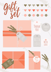 Set of gift boxes and decorations. Holiday decor for gifts. Vector flat illustration. Cute Holiday Gift Tags.