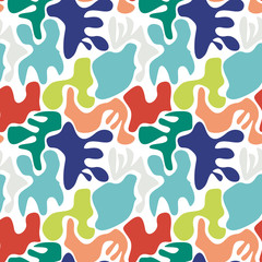 Colorful abstract seamless pattern with uneven round shapes. Chaotic background. Blots, stains texture. Vector illustration. 