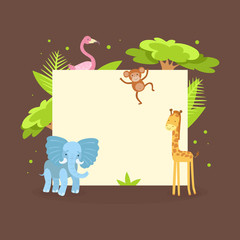 Cute Jungle Animals with Blank Banner, Flamingo, Monkey, Elephant, Giraffe, Standing Next to the Blank Signboard Vector illustration