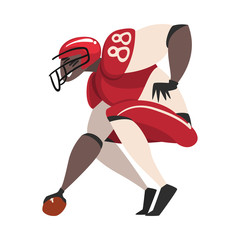 American Football Player in Action, Male Athlete Character in Red Sports Uniform Vector Illustration
