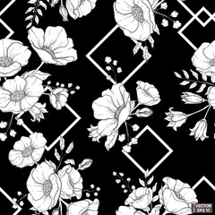Seamless pattern with flowers and geometric figures on black background.