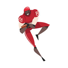 American Football Player Running with Ball, Male Athlete Character in Red Sports Uniform, Front View Vector Illustration