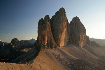 The north faces of the Tre Cime di Lavaredo, Three Peaks of Lavaredo, Dolomites, Italy