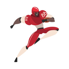 American Football Player in Action, Male Athlete Character in Red Sports Uniform Running Vector Illustration
