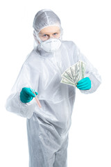 Lab technician in a protective mask and suit avidly offers an antiviral medicine to buy for money. Isolated