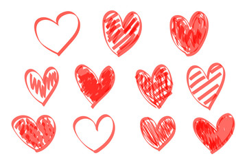 Red highlighter scribble hearts. Hand drawn heart set, abstract red love markers isolated on white background. Vector illustration. 