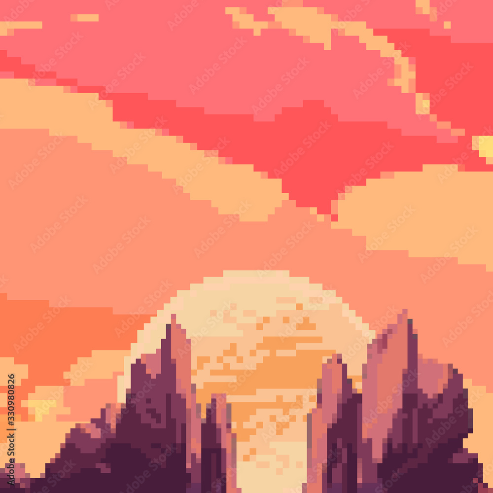 Poster pixel art background. location with mountains, sun, trees and clouds. landscape for game or applicat