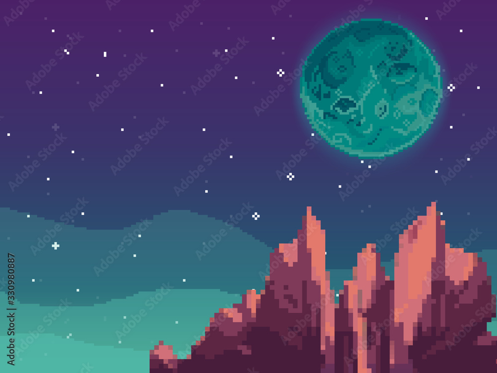 Poster pixel art background. location with mountains, sun, trees and clouds. landscape for game or applicat